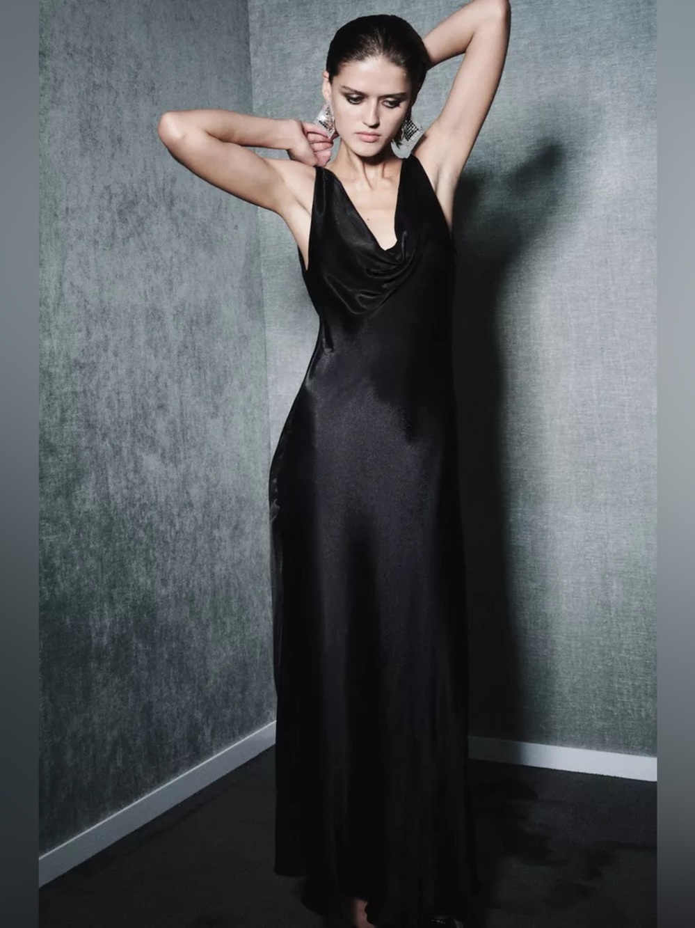 Zara ZW Collection Satin Long Dress in Black - Picture 3 of 8